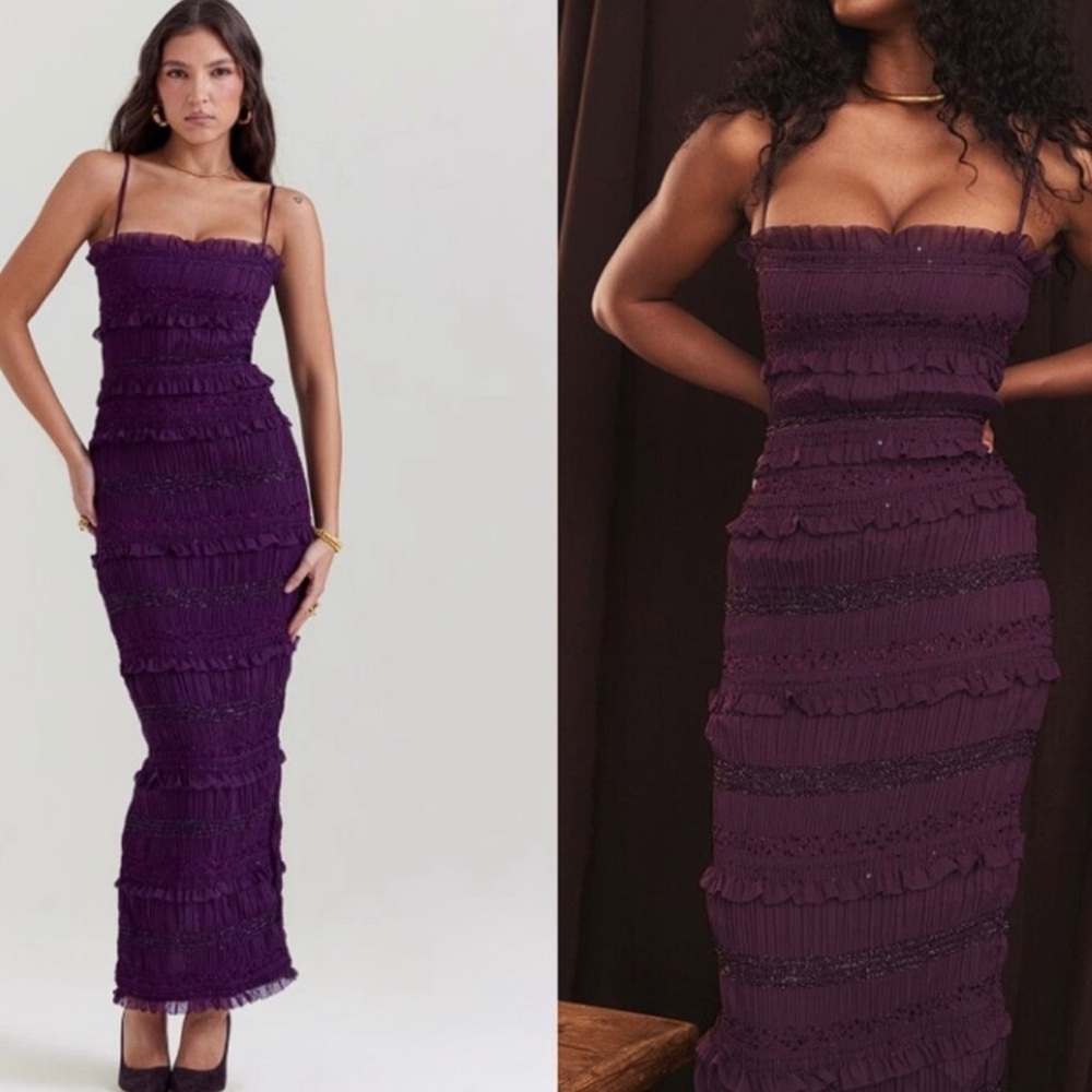 HOUSE OF CB 'Solana' Grape Sequin Ruffle Pleated Corset Dress